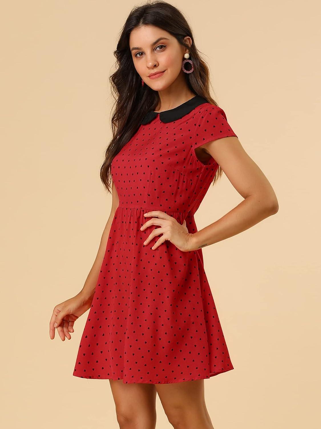imageAllegra K Womens Peter Pan Collar Short Sleeves Contrast ALine Polka Dots DressRed