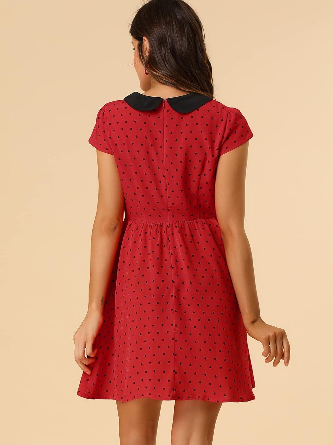 imageAllegra K Womens Peter Pan Collar Short Sleeves Contrast ALine Polka Dots DressRed