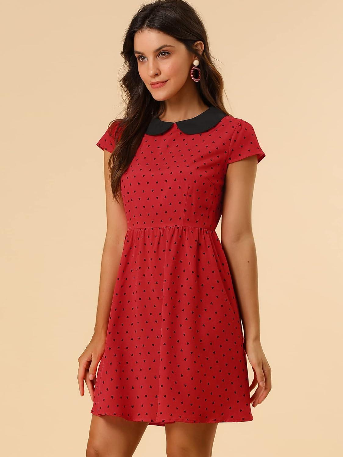 imageAllegra K Womens Peter Pan Collar Short Sleeves Contrast ALine Polka Dots DressRed