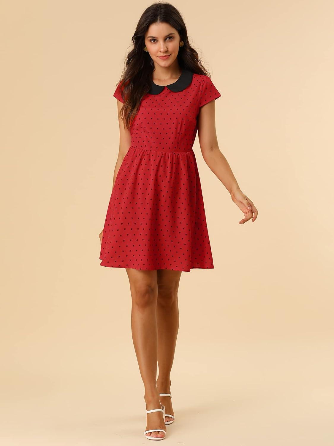imageAllegra K Womens Peter Pan Collar Short Sleeves Contrast ALine Polka Dots DressRed