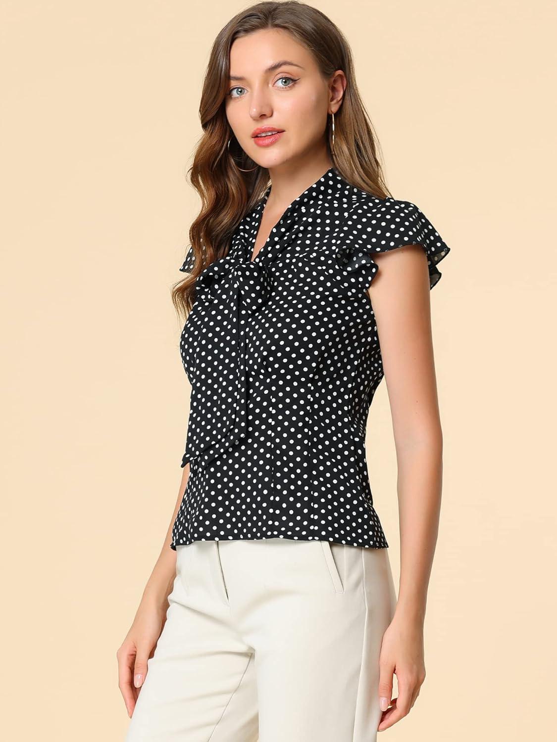 imageAllegra K Womens Polka Dots Tie Neck Blouse Summer Ruffled Cap Sleeve Office TopBlack