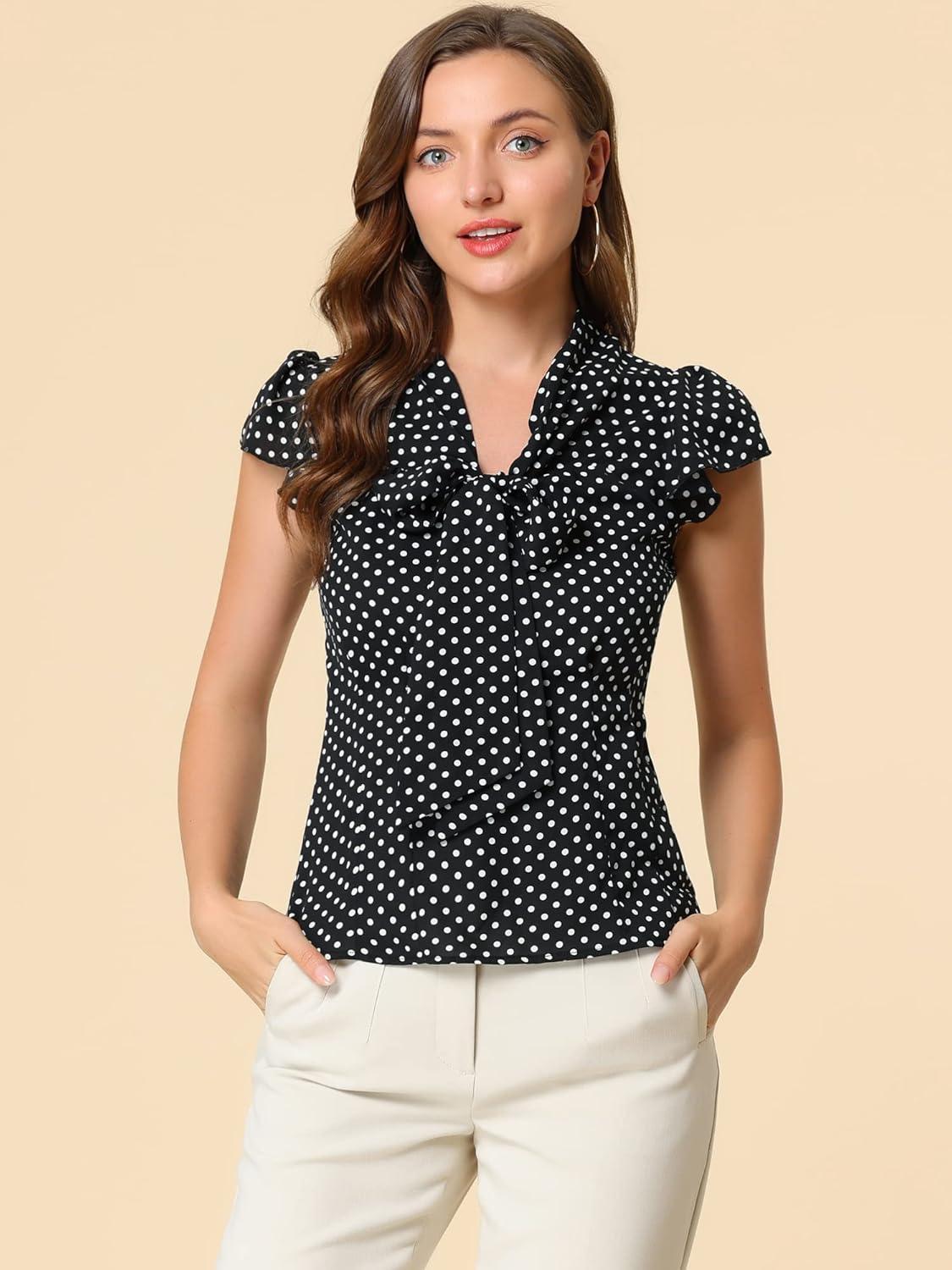 imageAllegra K Womens Polka Dots Tie Neck Blouse Summer Ruffled Cap Sleeve Office TopBlack