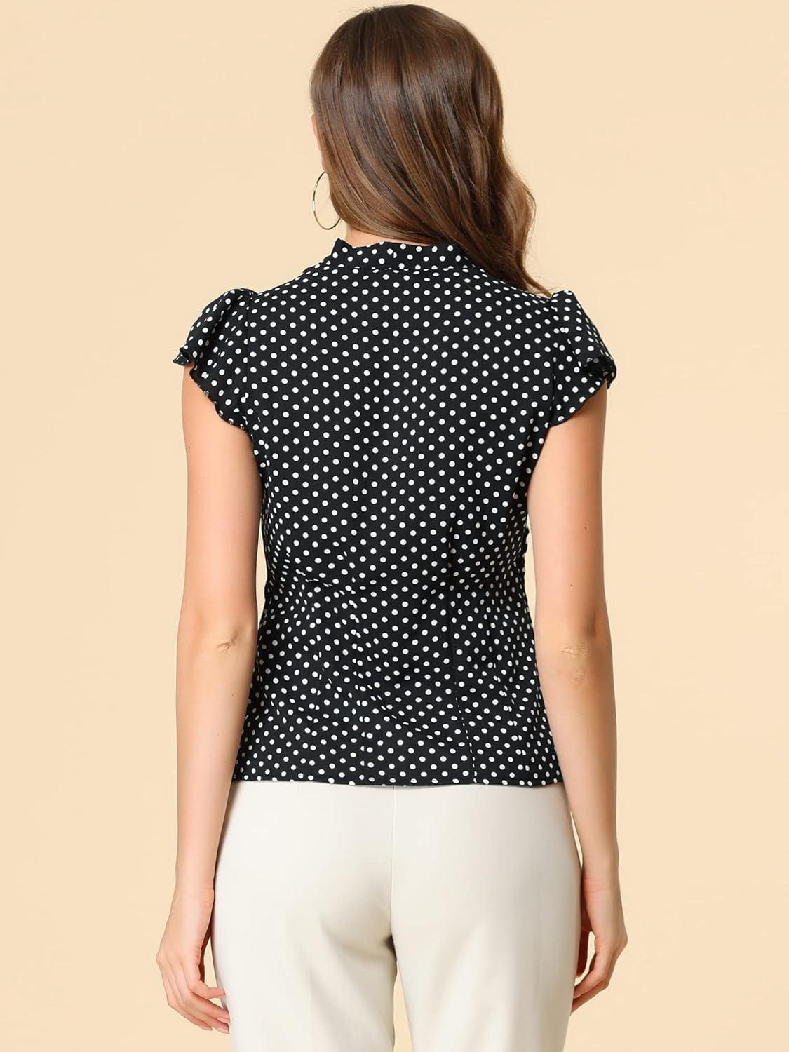 imageAllegra K Womens Polka Dots Tie Neck Blouse Summer Ruffled Cap Sleeve Office TopBlack