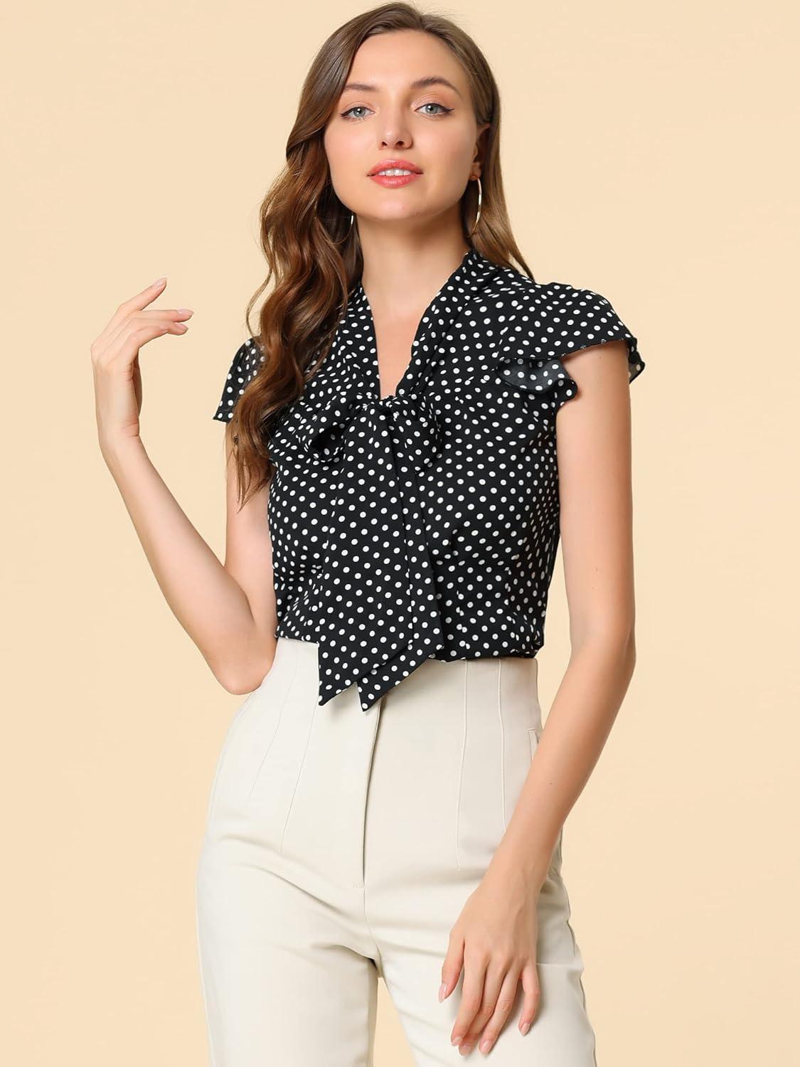 imageAllegra K Womens Polka Dots Tie Neck Blouse Summer Ruffled Cap Sleeve Office TopBlack