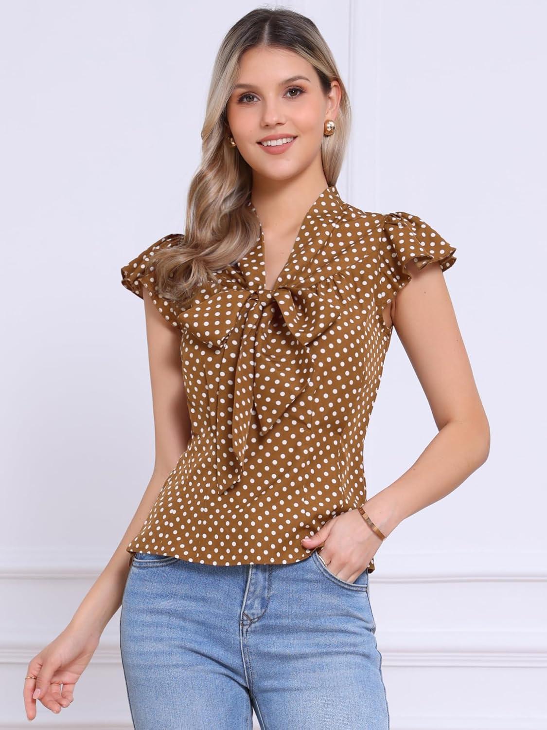 imageAllegra K Womens Polka Dots Tie Neck Blouse Summer Ruffled Cap Sleeve Office TopBrown