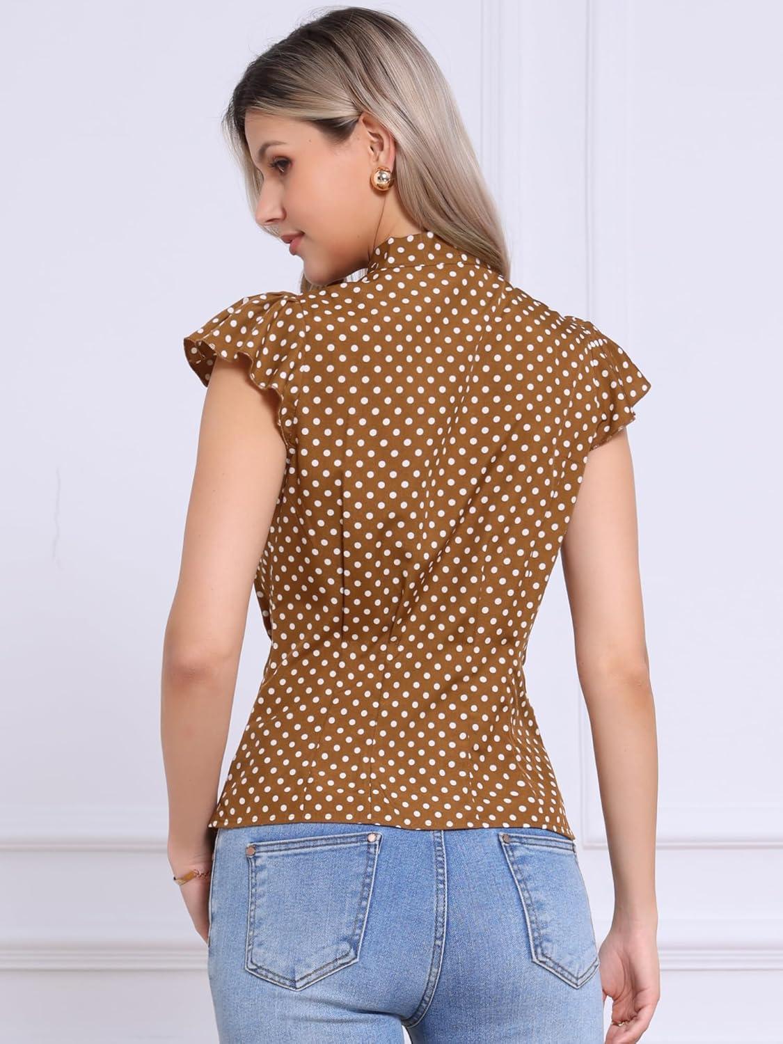 imageAllegra K Womens Polka Dots Tie Neck Blouse Summer Ruffled Cap Sleeve Office TopBrown