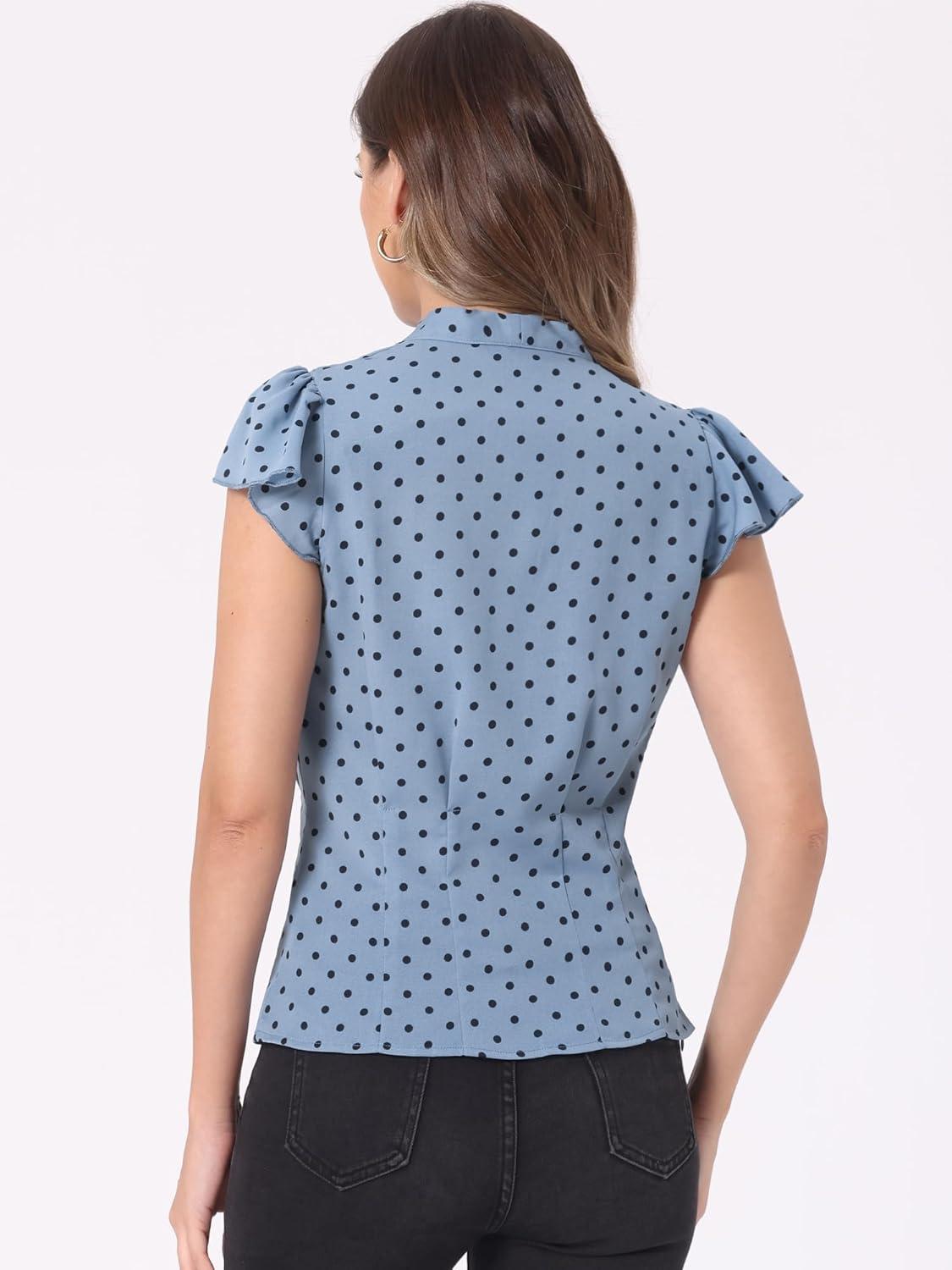 imageAllegra K Womens Polka Dots Tie Neck Blouse Summer Ruffled Cap Sleeve Office TopGrey Blue