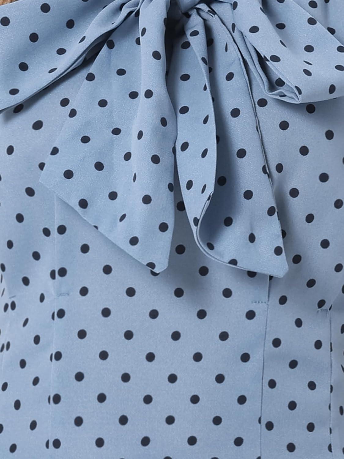 imageAllegra K Womens Polka Dots Tie Neck Blouse Summer Ruffled Cap Sleeve Office TopGrey Blue