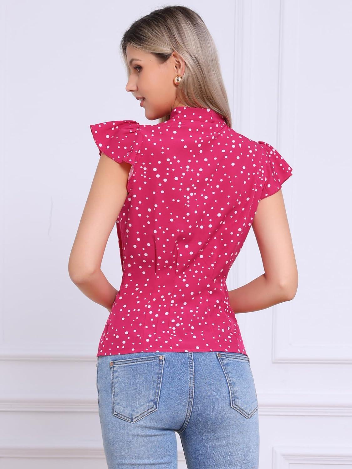 imageAllegra K Womens Polka Dots Tie Neck Blouse Summer Ruffled Cap Sleeve Office TopHot Pink