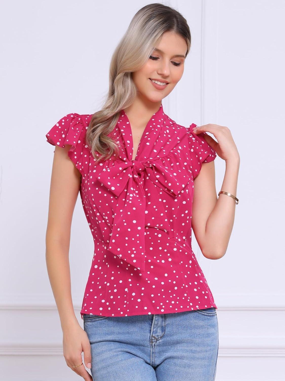 imageAllegra K Womens Polka Dots Tie Neck Blouse Summer Ruffled Cap Sleeve Office TopHot Pink