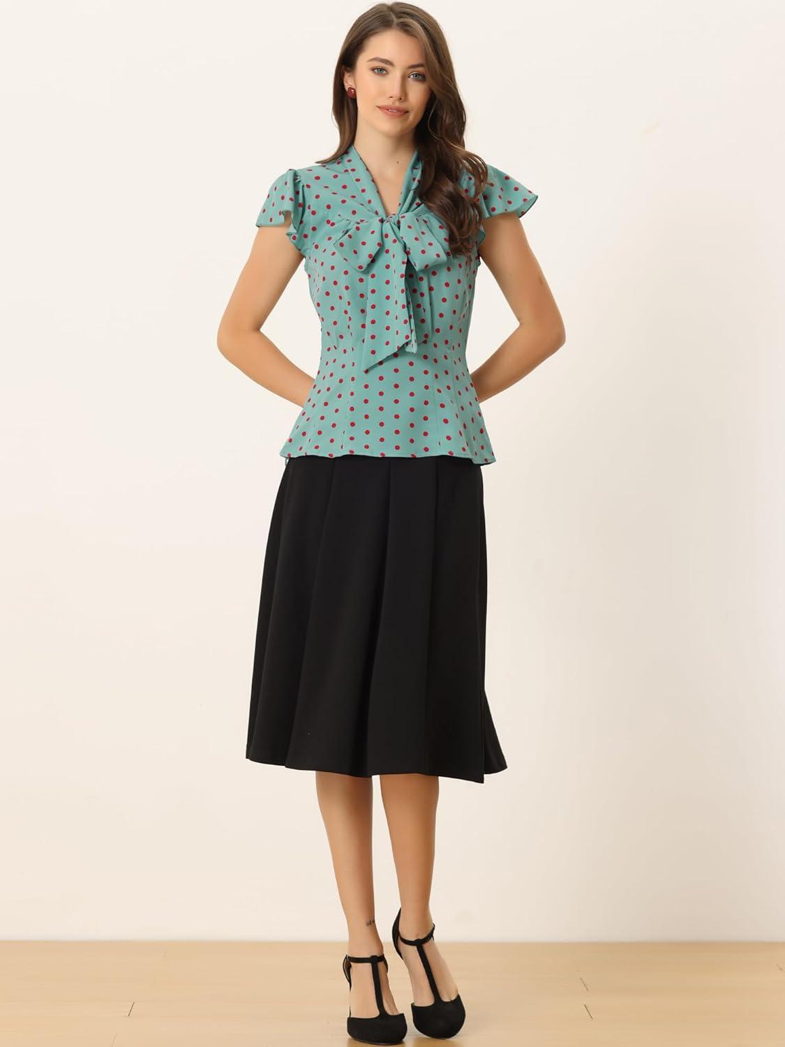 imageAllegra K Womens Polka Dots Tie Neck Blouse Summer Ruffled Cap Sleeve Office TopLight Green