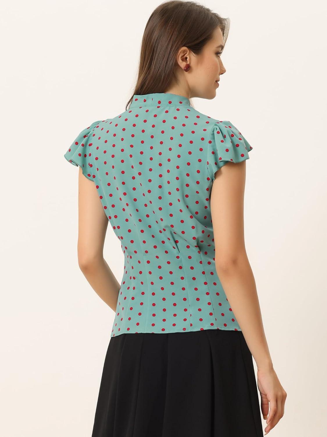 imageAllegra K Womens Polka Dots Tie Neck Blouse Summer Ruffled Cap Sleeve Office TopLight Green