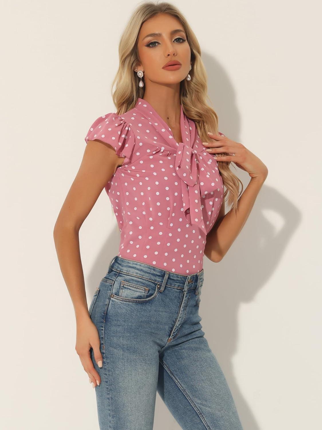 imageAllegra K Womens Polka Dots Tie Neck Blouse Summer Ruffled Cap Sleeve Office TopPink