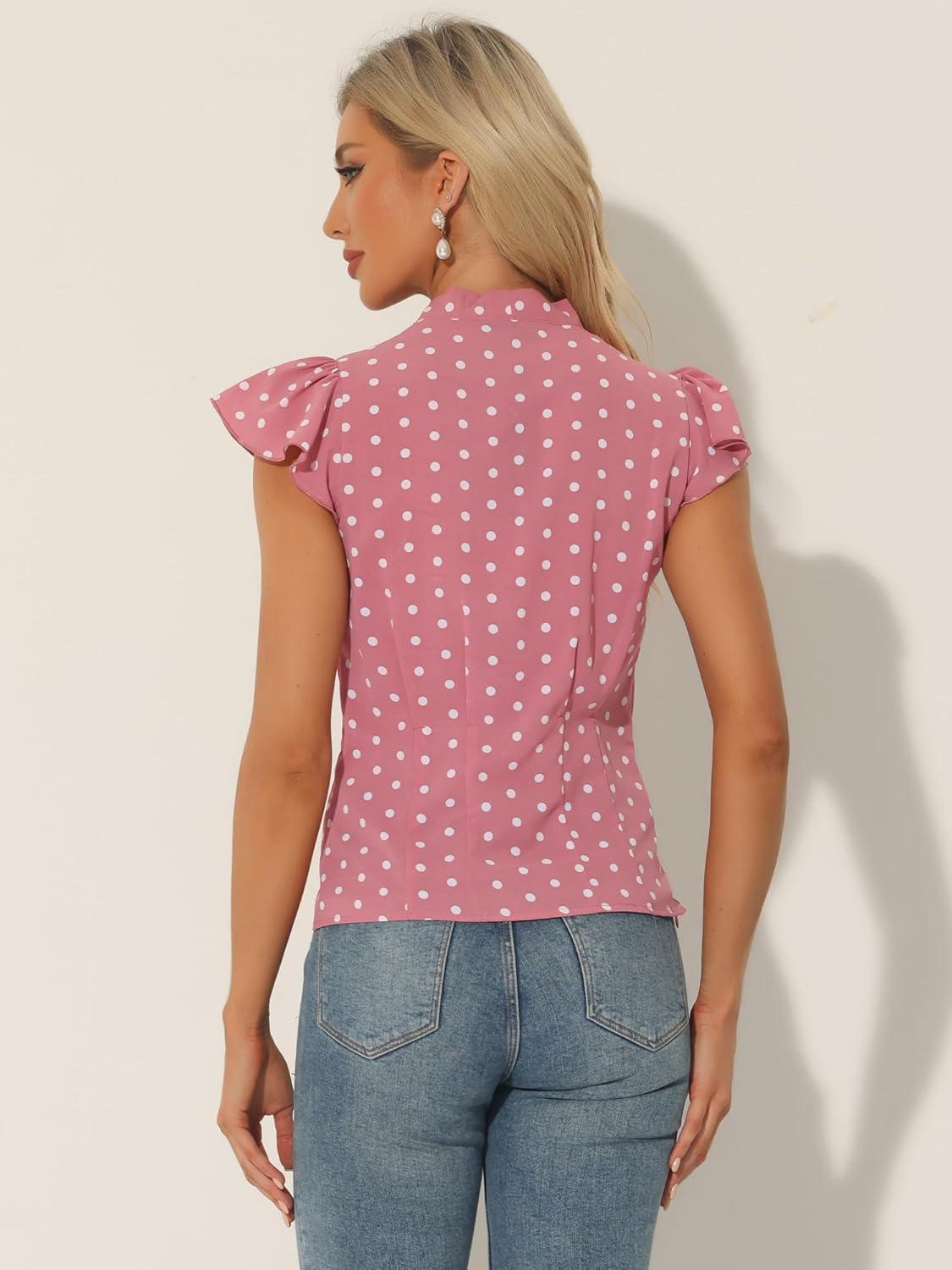 imageAllegra K Womens Polka Dots Tie Neck Blouse Summer Ruffled Cap Sleeve Office TopPink
