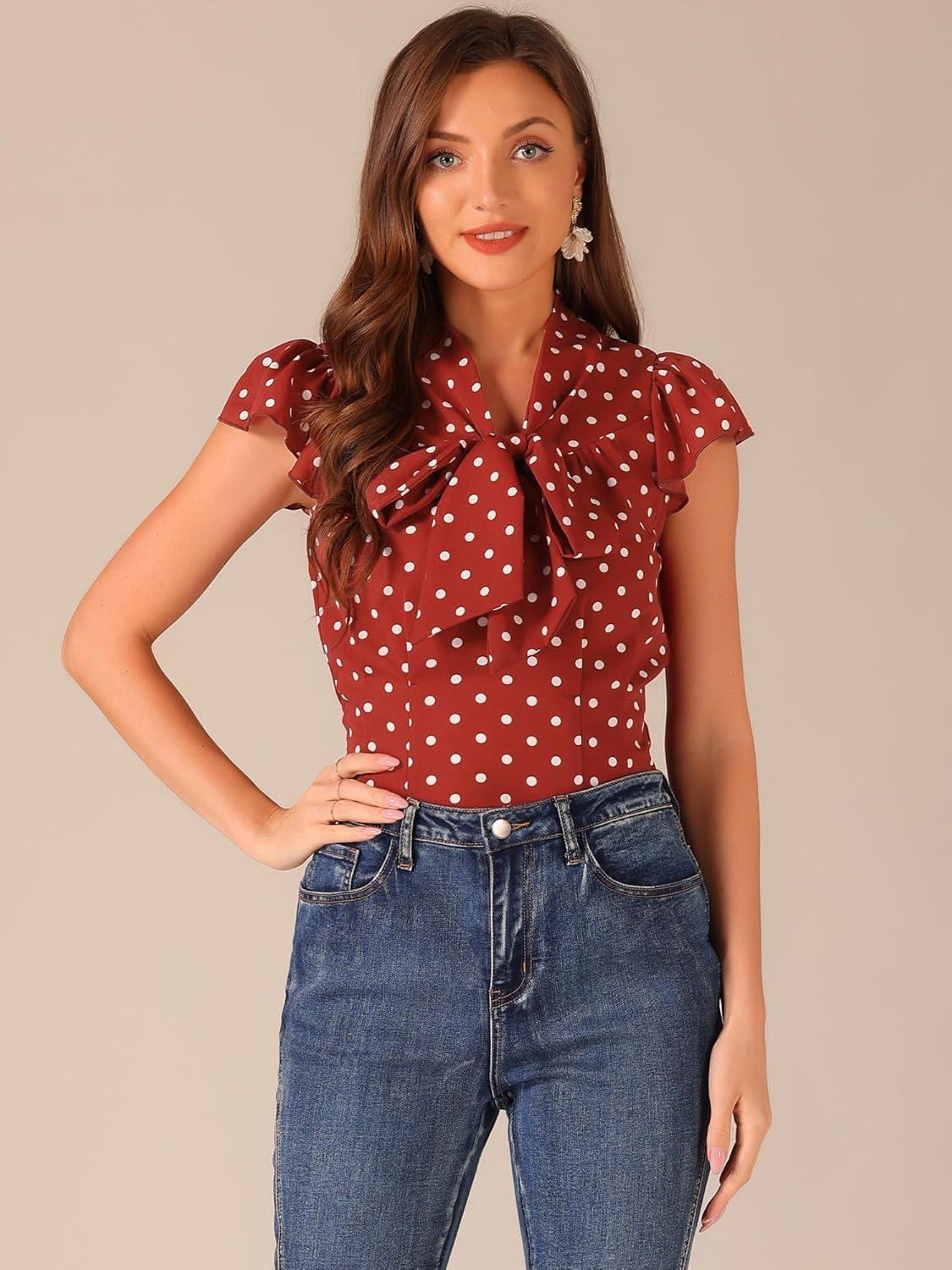 imageAllegra K Womens Polka Dots Tie Neck Blouse Summer Ruffled Cap Sleeve Office TopRed
