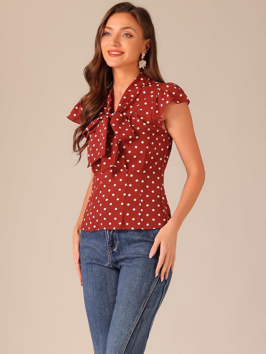 imageAllegra K Womens Polka Dots Tie Neck Blouse Summer Ruffled Cap Sleeve Office TopRed