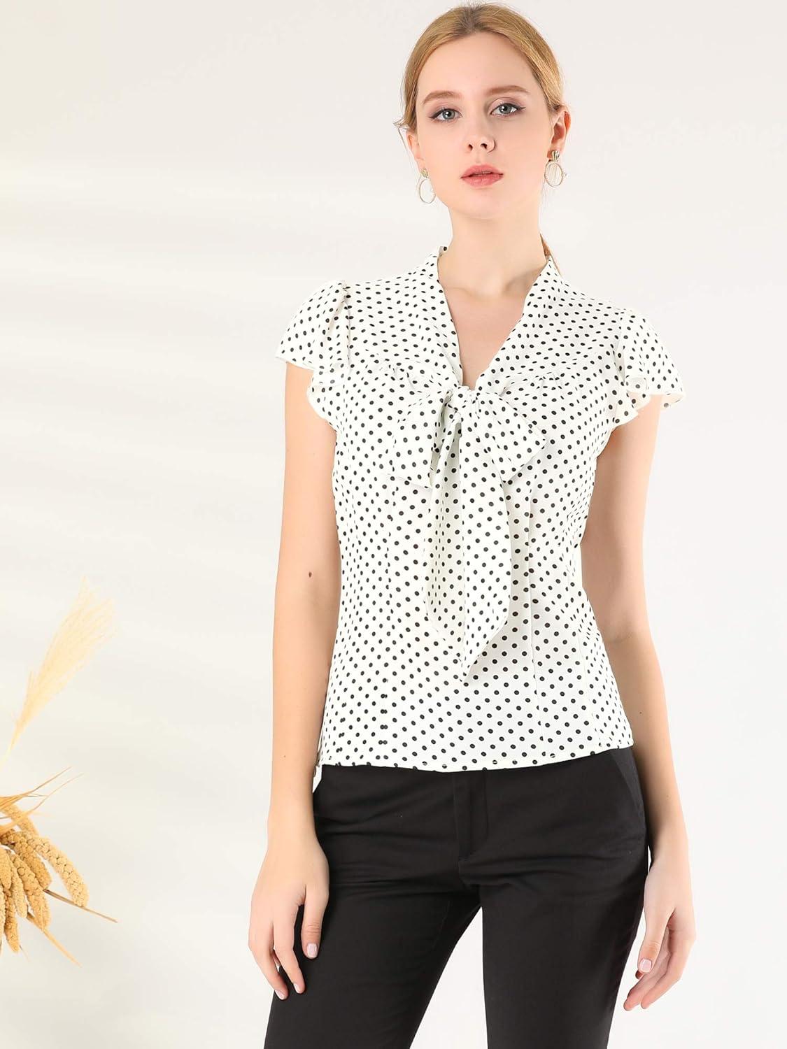 imageAllegra K Womens Polka Dots Tie Neck Blouse Summer Ruffled Cap Sleeve Office TopWhite