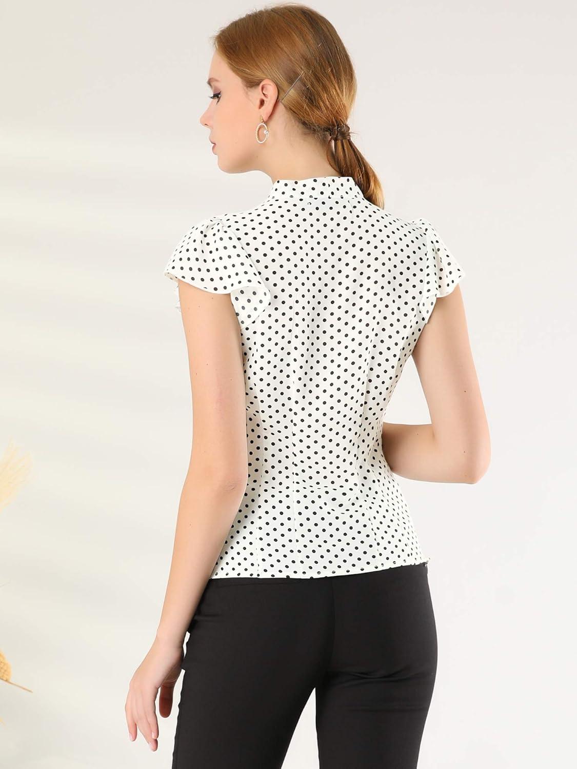 imageAllegra K Womens Polka Dots Tie Neck Blouse Summer Ruffled Cap Sleeve Office TopWhite
