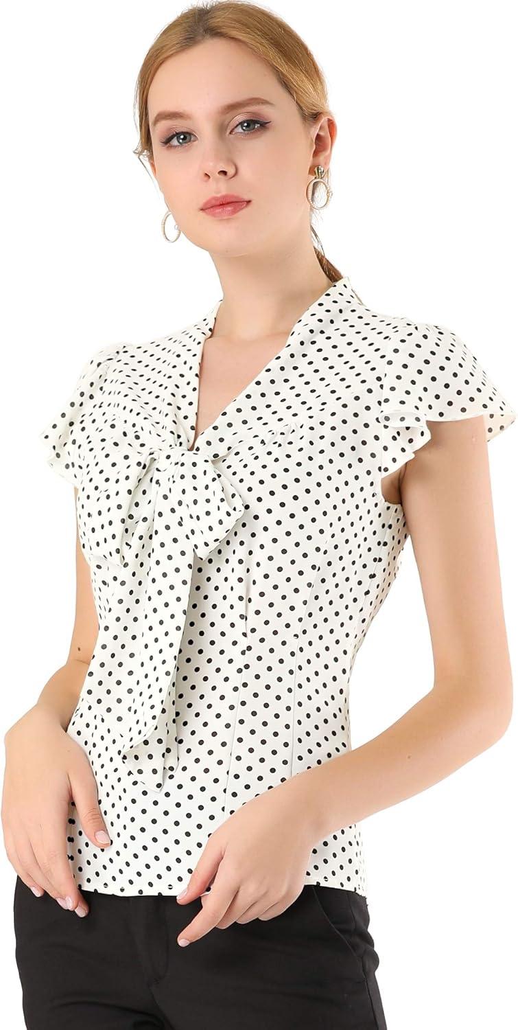 imageAllegra K Womens Polka Dots Tie Neck Blouse Summer Ruffled Cap Sleeve Office TopWhite