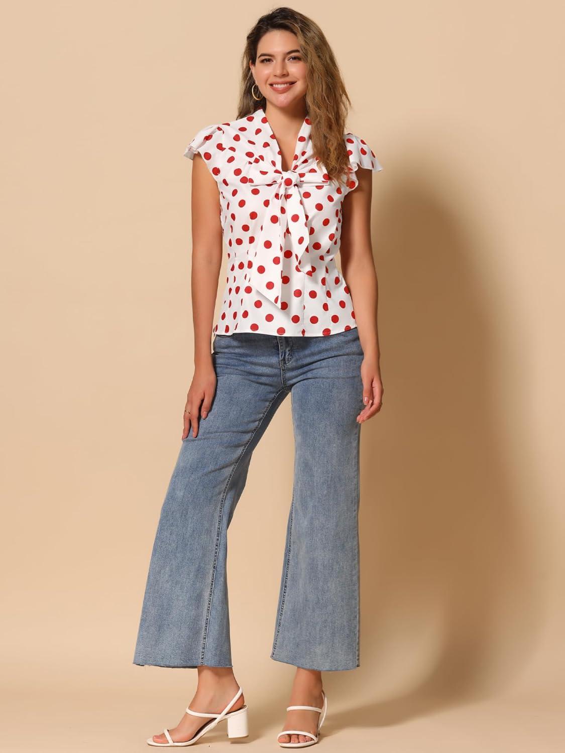 imageAllegra K Womens Polka Dots Tie Neck Blouse Summer Ruffled Cap Sleeve Office TopWhite Red