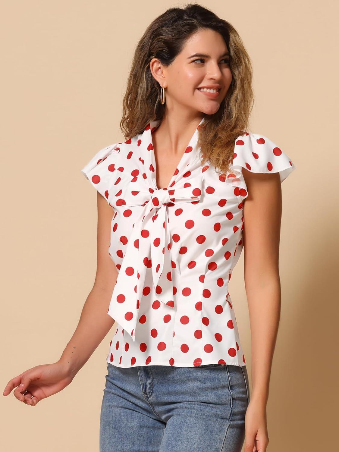 imageAllegra K Womens Polka Dots Tie Neck Blouse Summer Ruffled Cap Sleeve Office TopWhite Red
