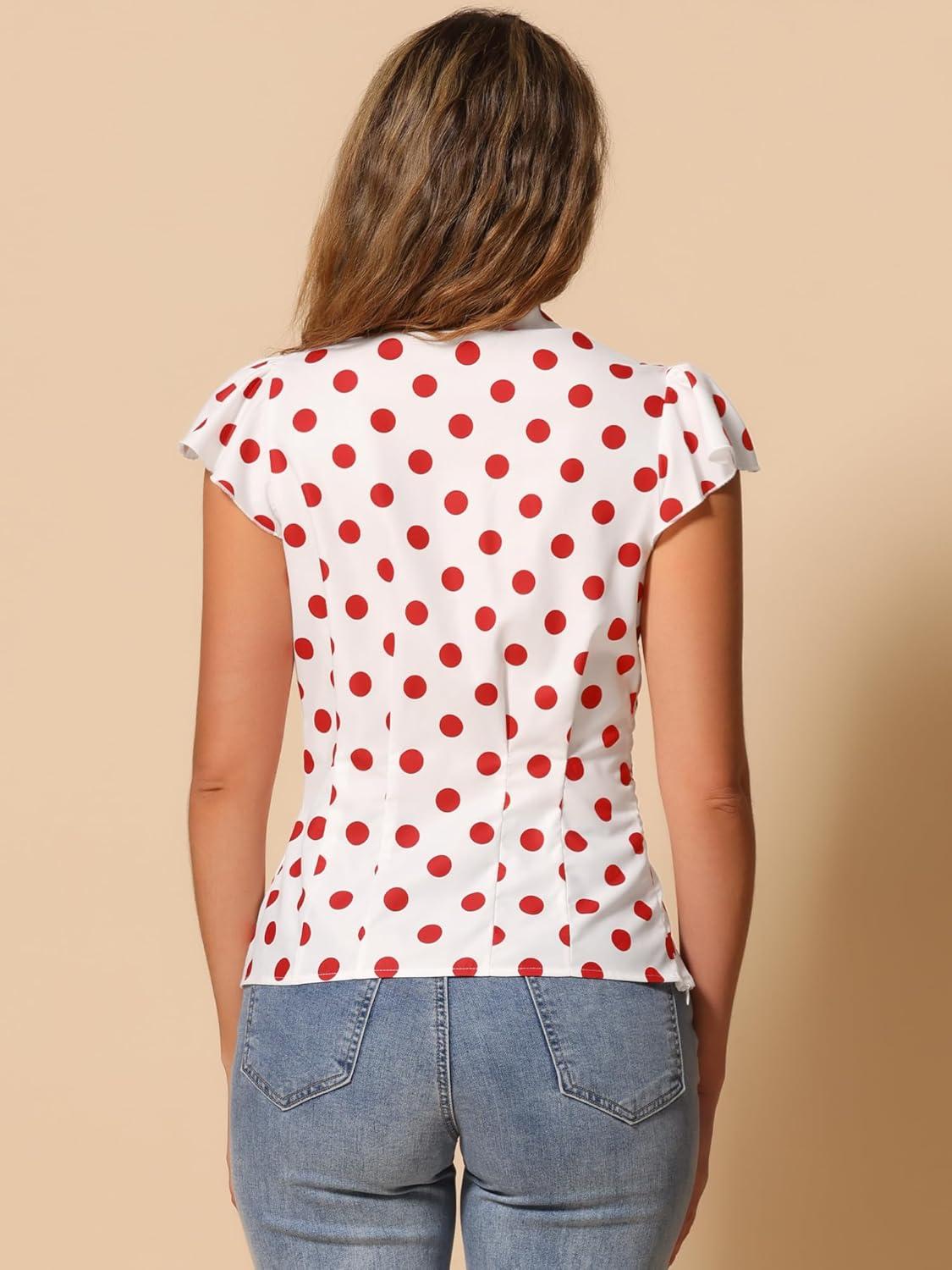 imageAllegra K Womens Polka Dots Tie Neck Blouse Summer Ruffled Cap Sleeve Office TopWhite Red