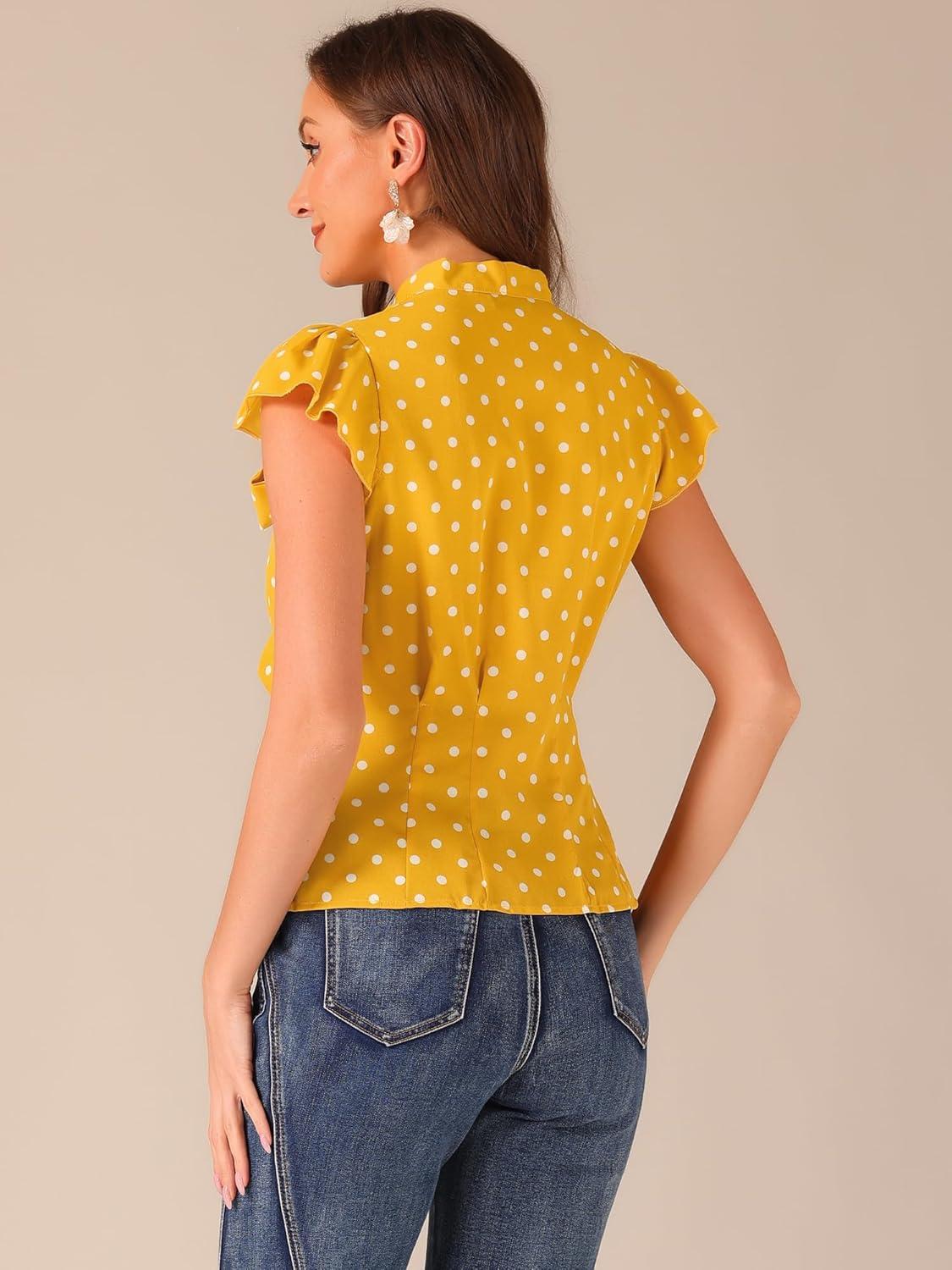 imageAllegra K Womens Polka Dots Tie Neck Blouse Summer Ruffled Cap Sleeve Office TopYellow