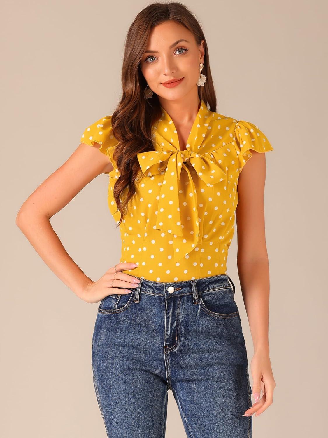 imageAllegra K Womens Polka Dots Tie Neck Blouse Summer Ruffled Cap Sleeve Office TopYellow