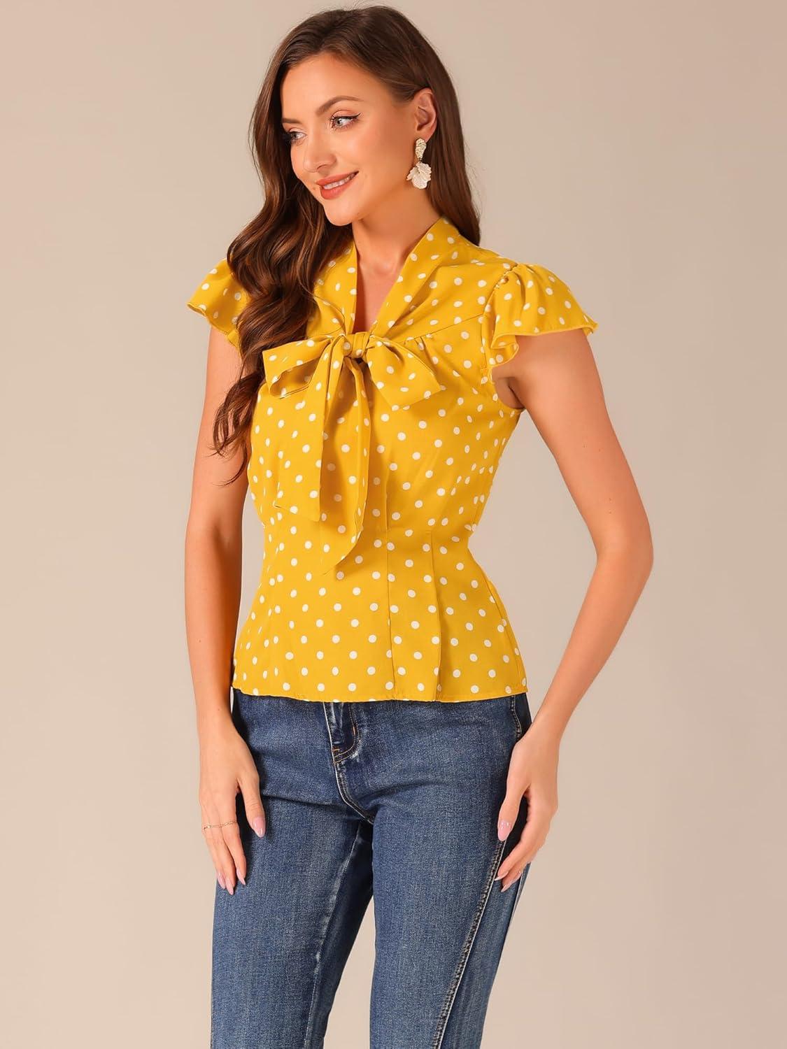 imageAllegra K Womens Polka Dots Tie Neck Blouse Summer Ruffled Cap Sleeve Office TopYellow