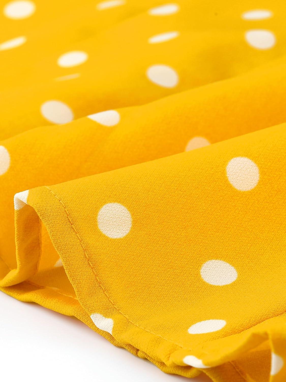 imageAllegra K Womens Polka Dots Tie Neck Blouse Summer Ruffled Cap Sleeve Office TopYellow