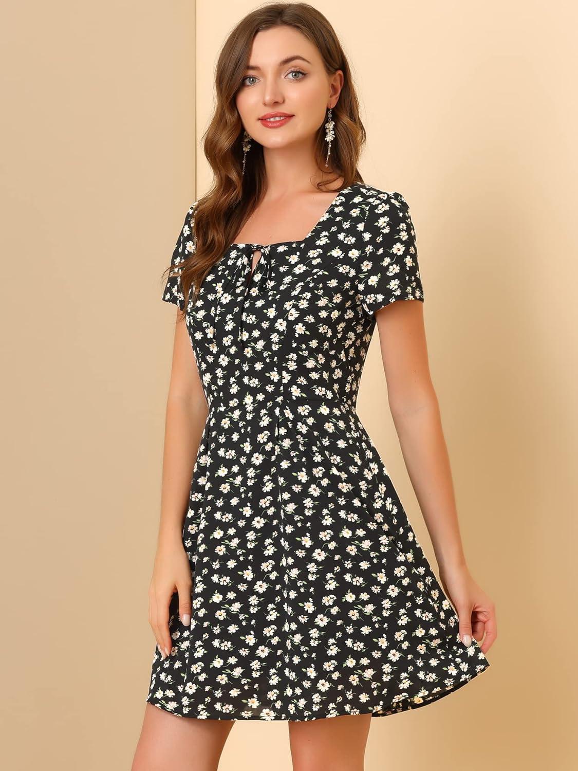 imageAllegra K Womens Printed Dress Summer 2025 Casual Square Neck Short Sleeve Fit and Flare DressesBlack Pinkfloral