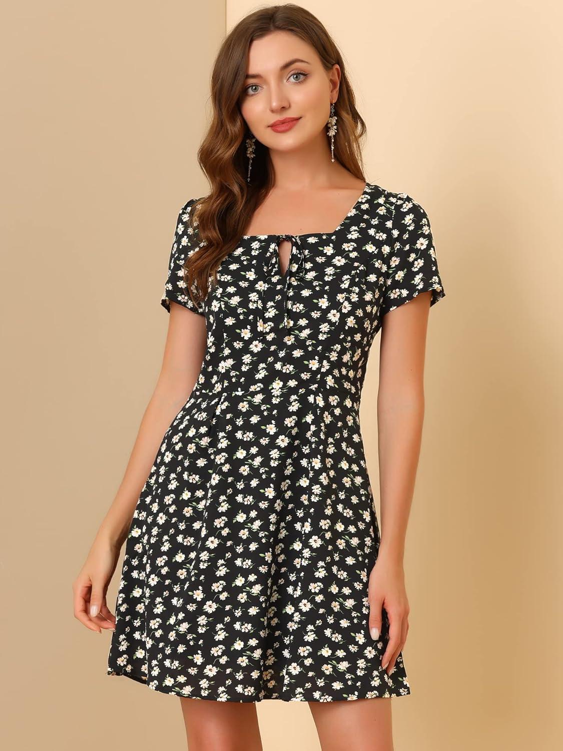 imageAllegra K Womens Printed Dress Summer 2025 Casual Square Neck Short Sleeve Fit and Flare DressesBlack Pinkfloral