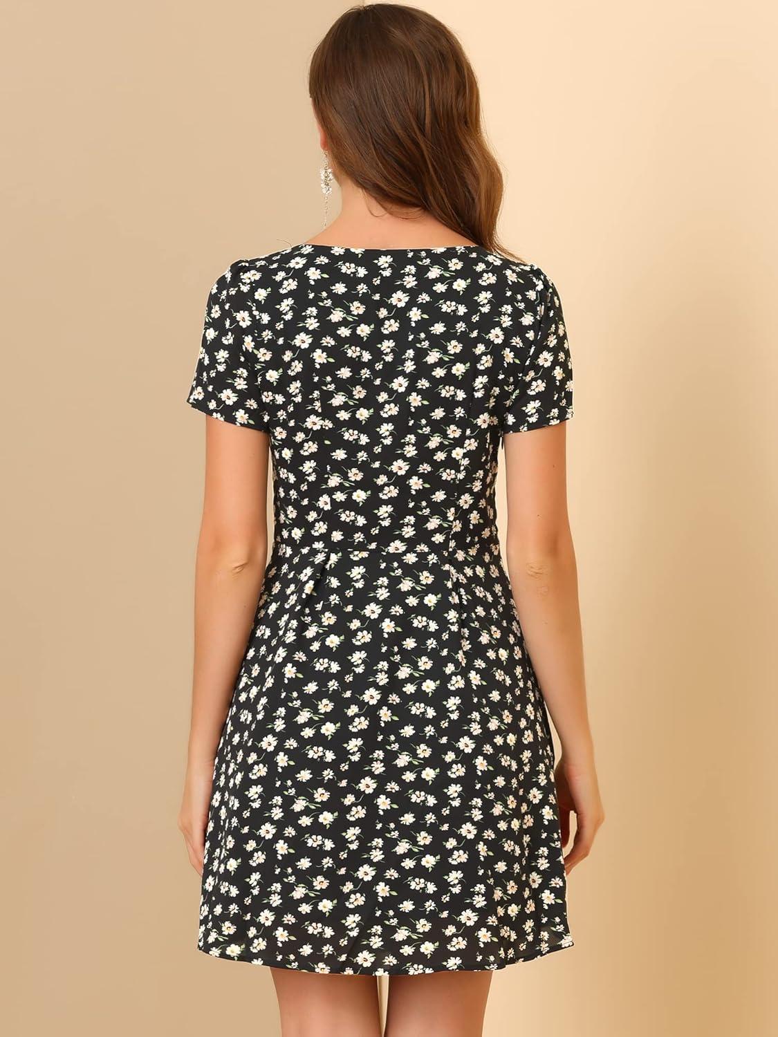 imageAllegra K Womens Printed Dress Summer 2025 Casual Square Neck Short Sleeve Fit and Flare DressesBlack Pinkfloral