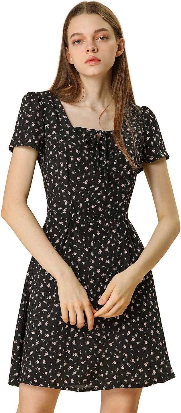 imageAllegra K Womens Printed Dress Summer 2025 Casual Square Neck Short Sleeve Fit and Flare DressesBlackfloral
