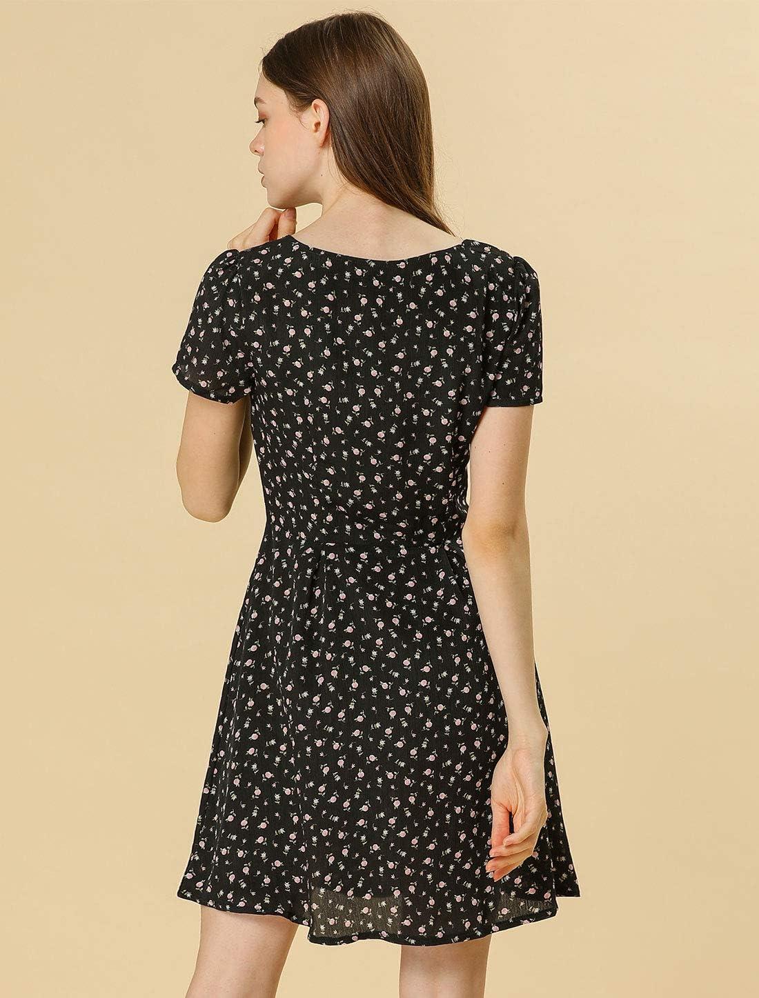 imageAllegra K Womens Printed Dress Summer 2025 Casual Square Neck Short Sleeve Fit and Flare DressesBlackfloral