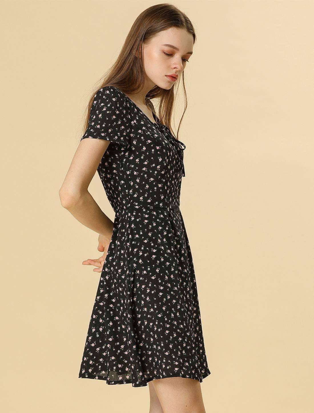imageAllegra K Womens Printed Dress Summer 2025 Casual Square Neck Short Sleeve Fit and Flare DressesBlackfloral