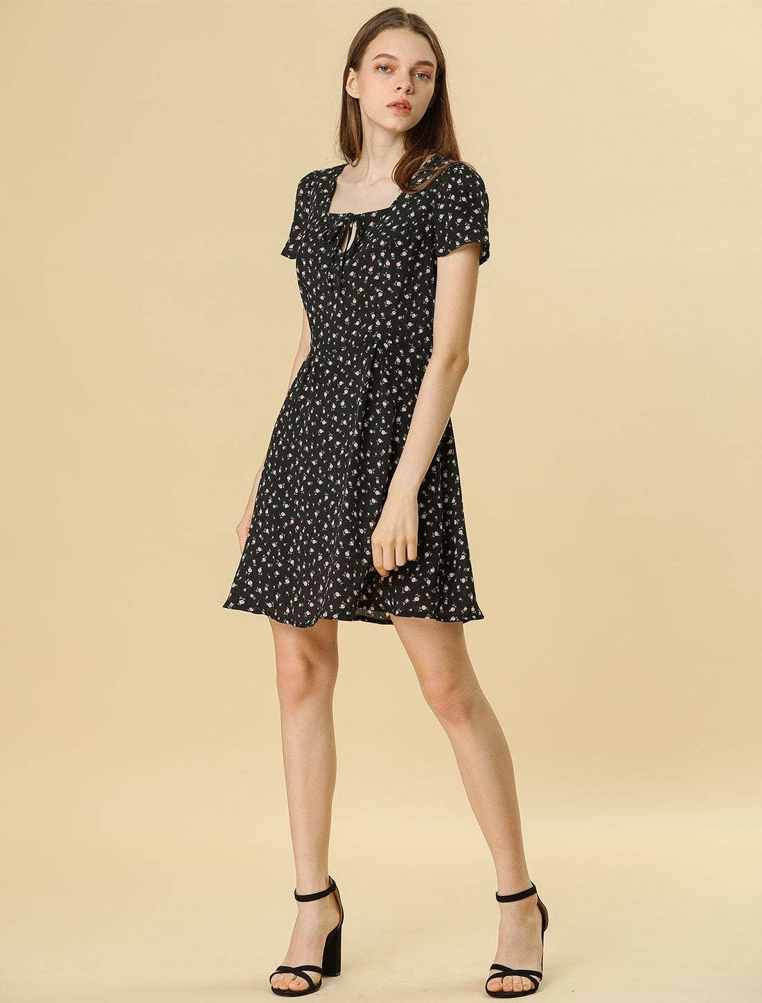 imageAllegra K Womens Printed Dress Summer 2025 Casual Square Neck Short Sleeve Fit and Flare DressesBlackfloral