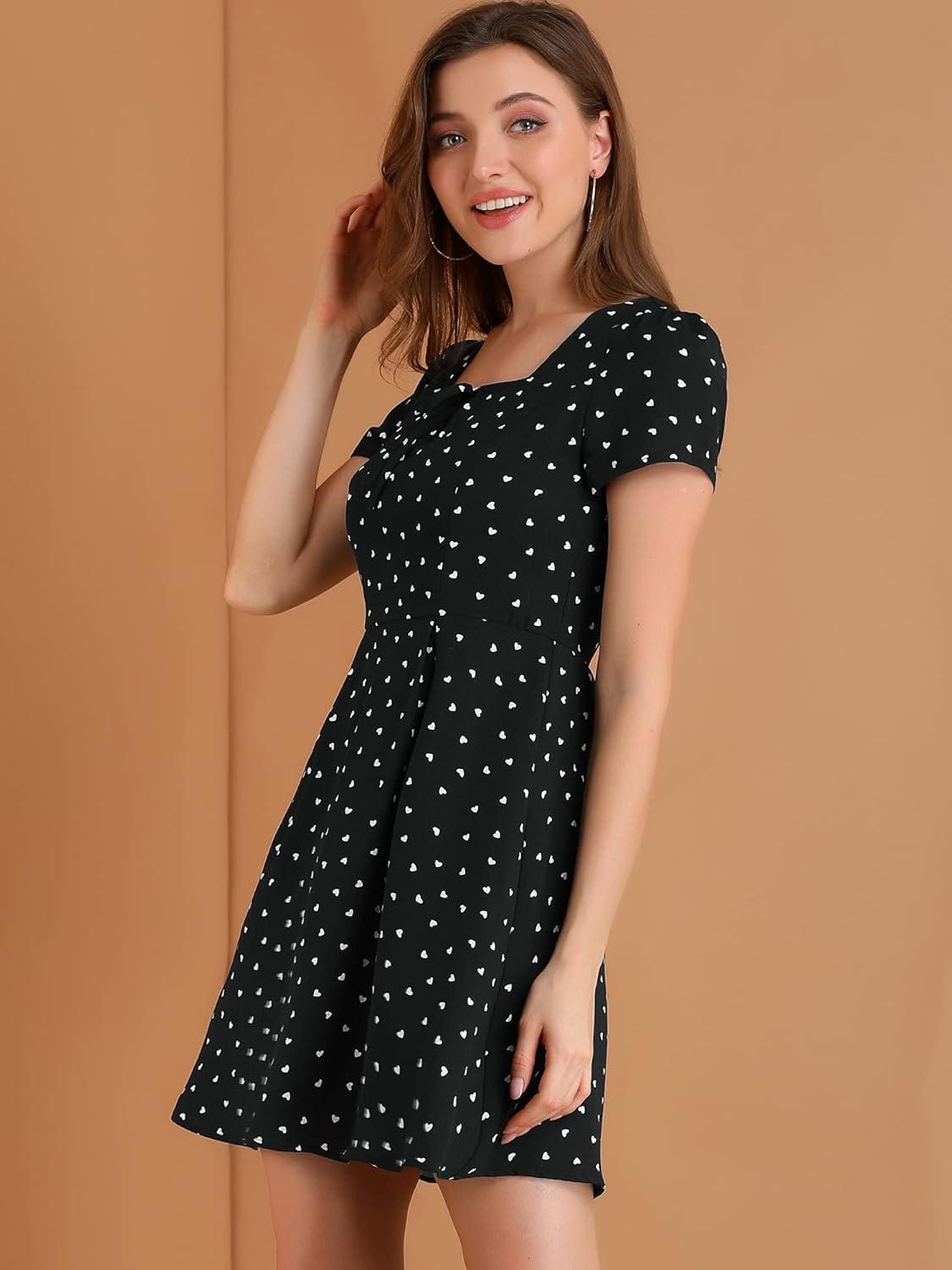 imageAllegra K Womens Printed Dress Summer 2025 Casual Square Neck Short Sleeve Fit and Flare DressesBlackheart