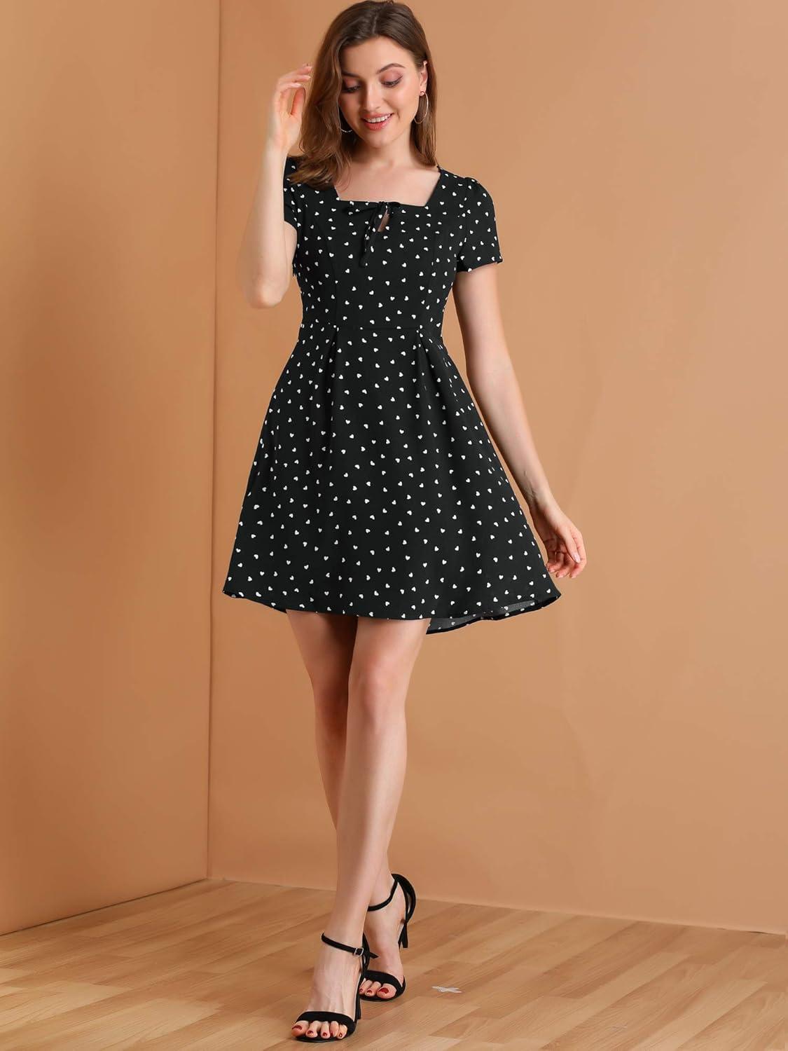 imageAllegra K Womens Printed Dress Summer 2025 Casual Square Neck Short Sleeve Fit and Flare DressesBlackheart