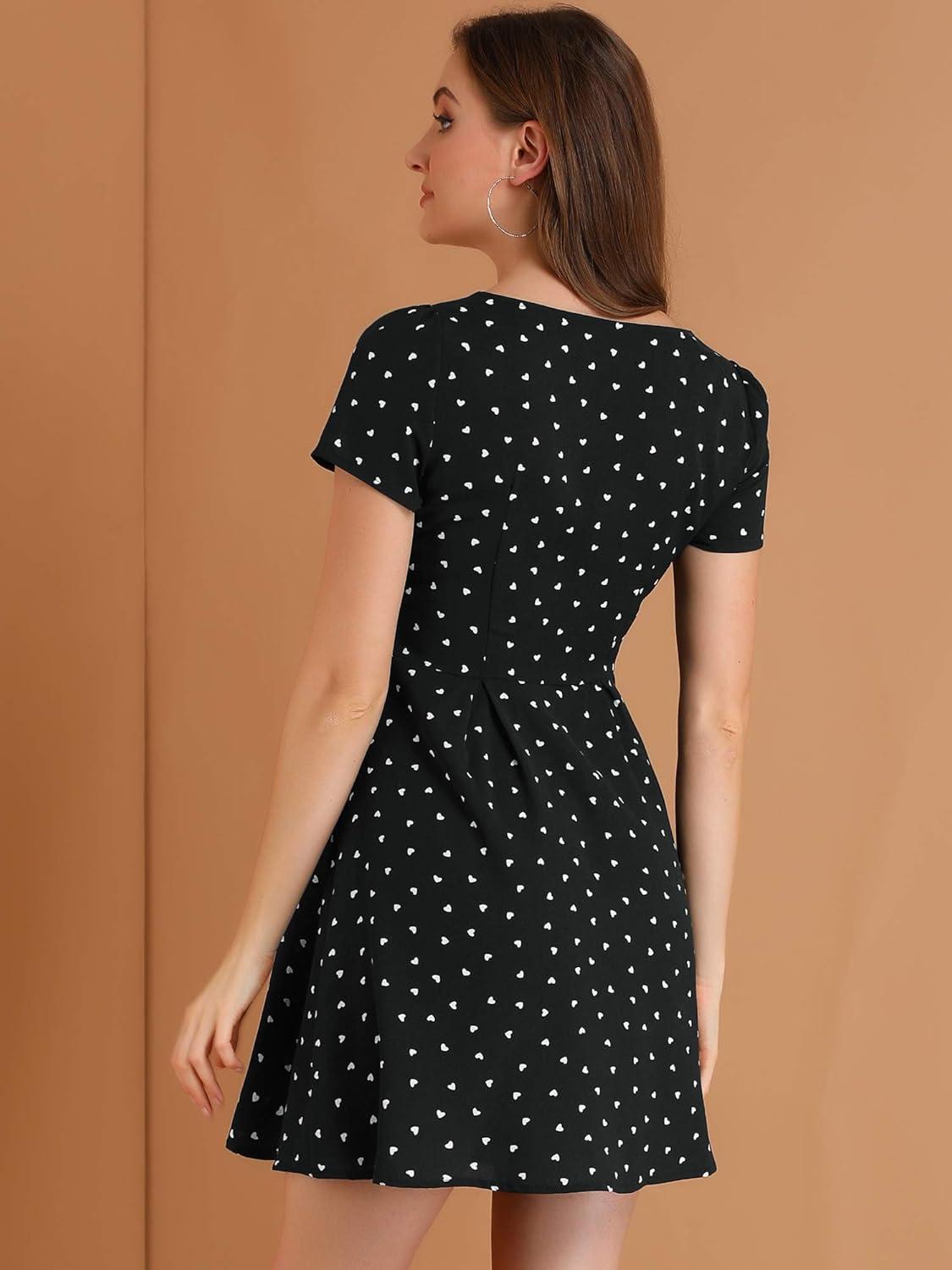 imageAllegra K Womens Printed Dress Summer 2025 Casual Square Neck Short Sleeve Fit and Flare DressesBlackheart