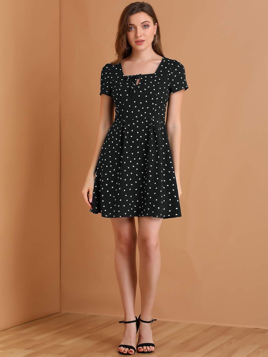 imageAllegra K Womens Printed Dress Summer 2025 Casual Square Neck Short Sleeve Fit and Flare DressesBlackheart