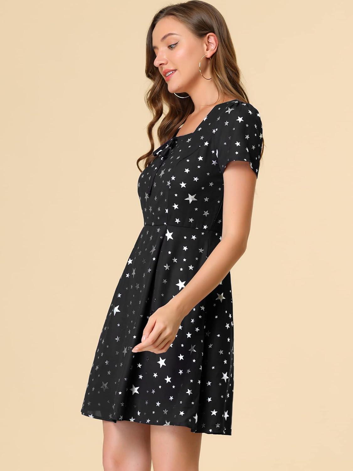 imageAllegra K Womens Printed Dress Summer 2025 Casual Square Neck Short Sleeve Fit and Flare DressesBlackstars
