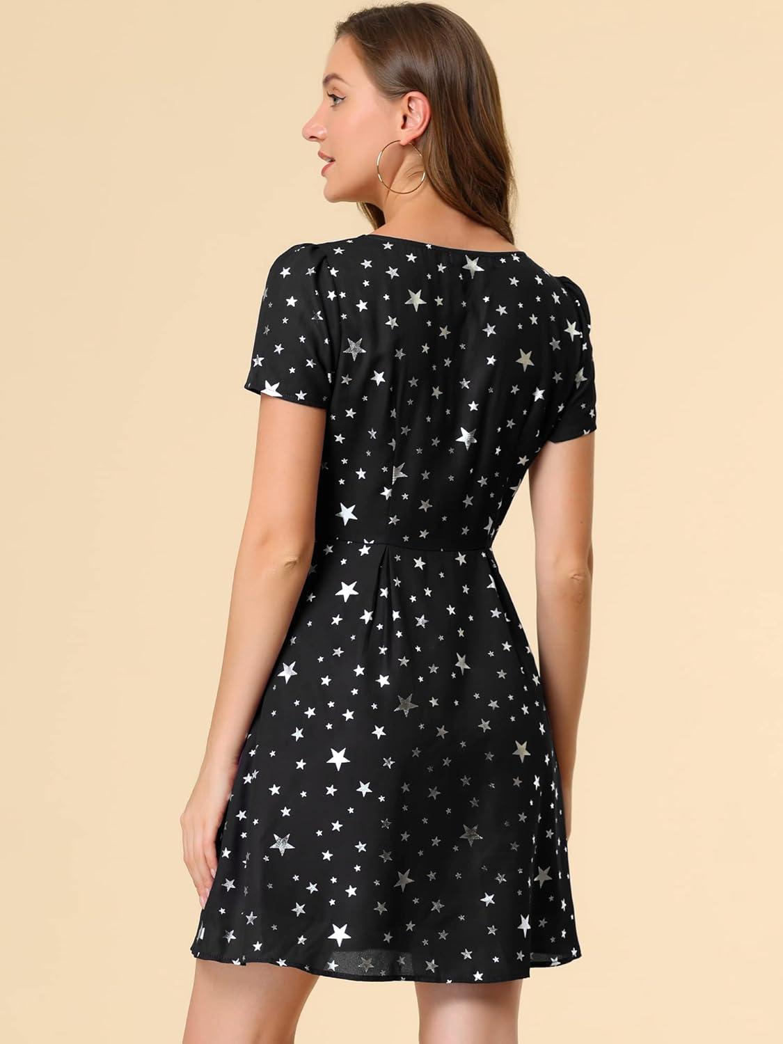 imageAllegra K Womens Printed Dress Summer 2025 Casual Square Neck Short Sleeve Fit and Flare DressesBlackstars