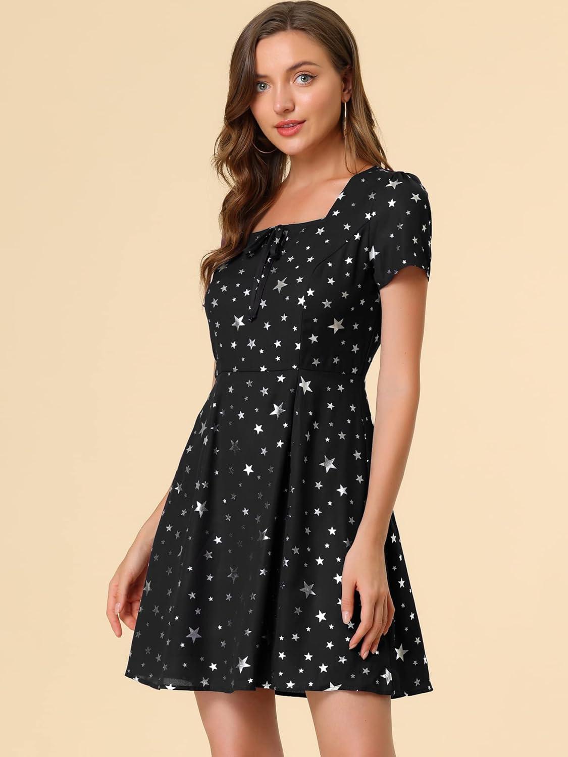imageAllegra K Womens Printed Dress Summer 2025 Casual Square Neck Short Sleeve Fit and Flare DressesBlackstars