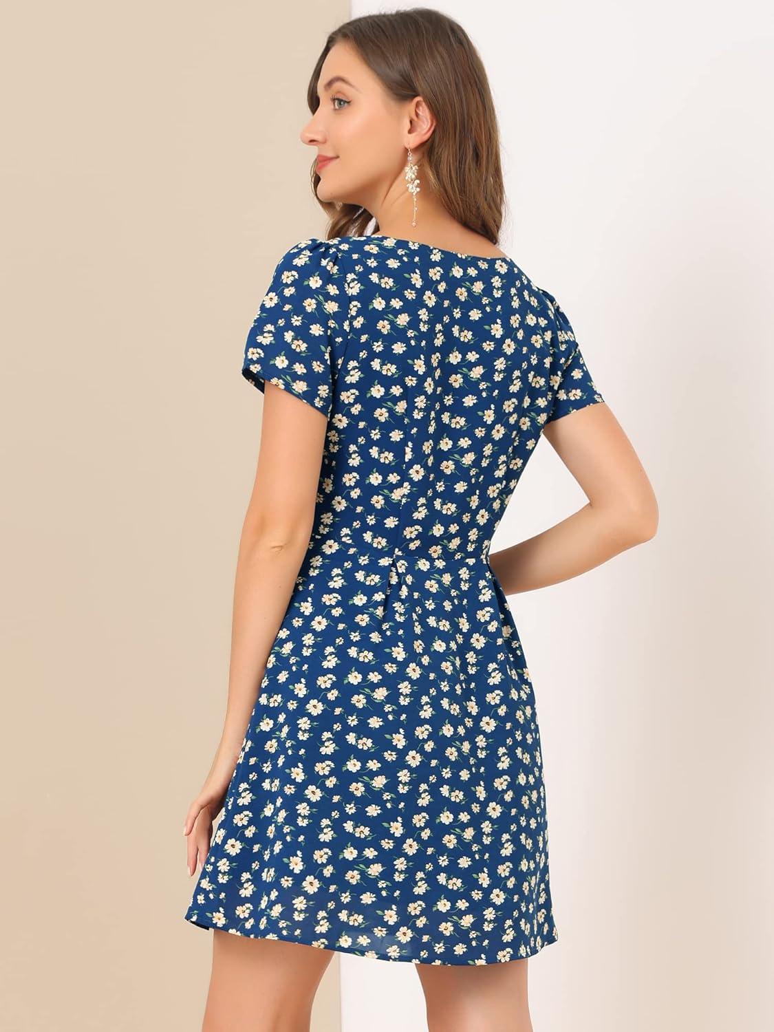 imageAllegra K Womens Printed Dress Summer 2025 Casual Square Neck Short Sleeve Fit and Flare DressesBluefloral