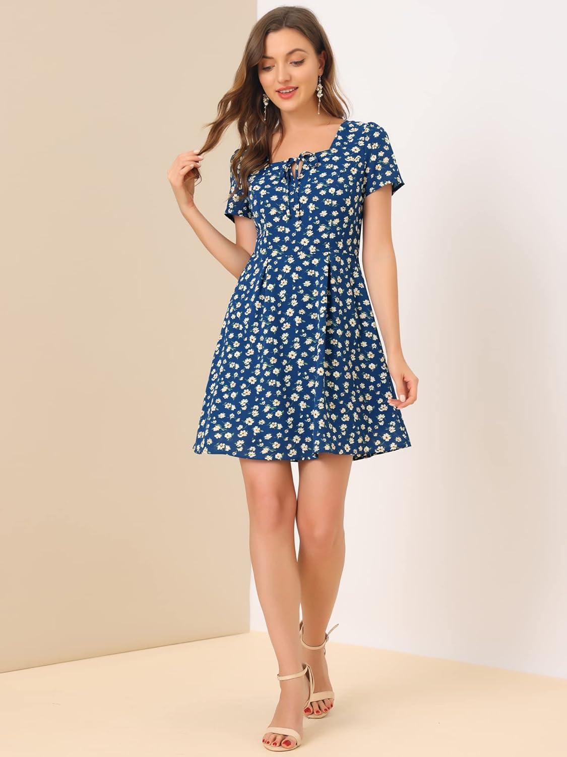 imageAllegra K Womens Printed Dress Summer 2025 Casual Square Neck Short Sleeve Fit and Flare DressesBluefloral