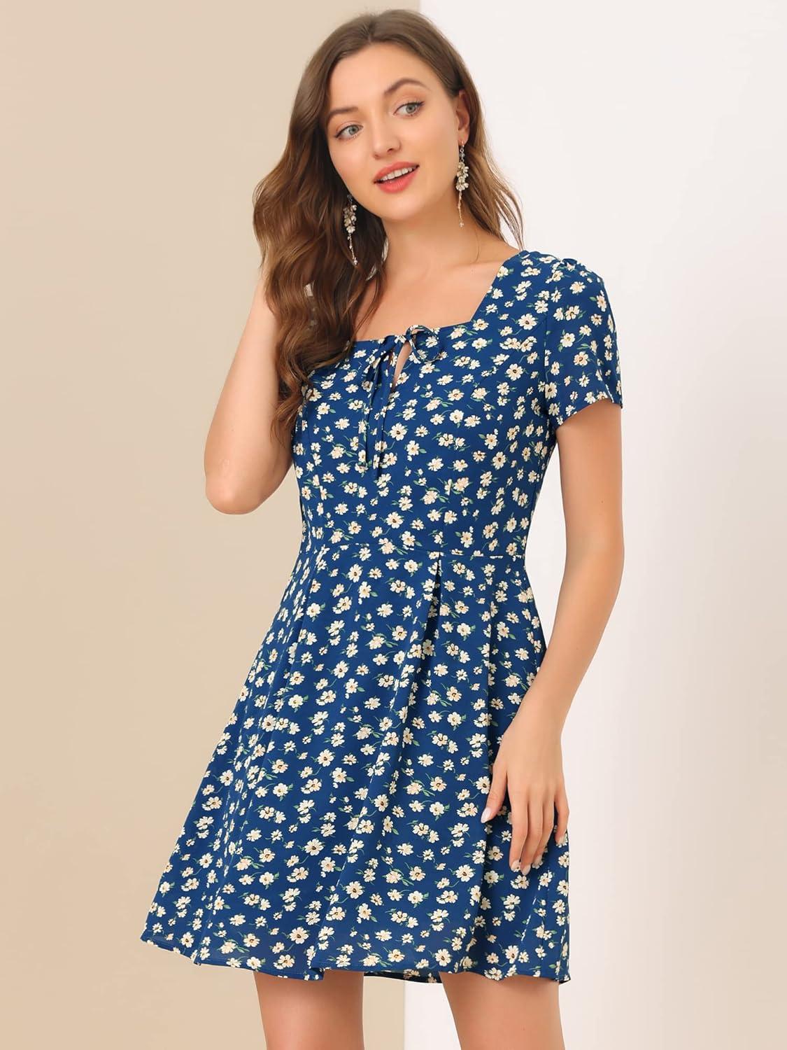 imageAllegra K Womens Printed Dress Summer 2025 Casual Square Neck Short Sleeve Fit and Flare DressesBluefloral
