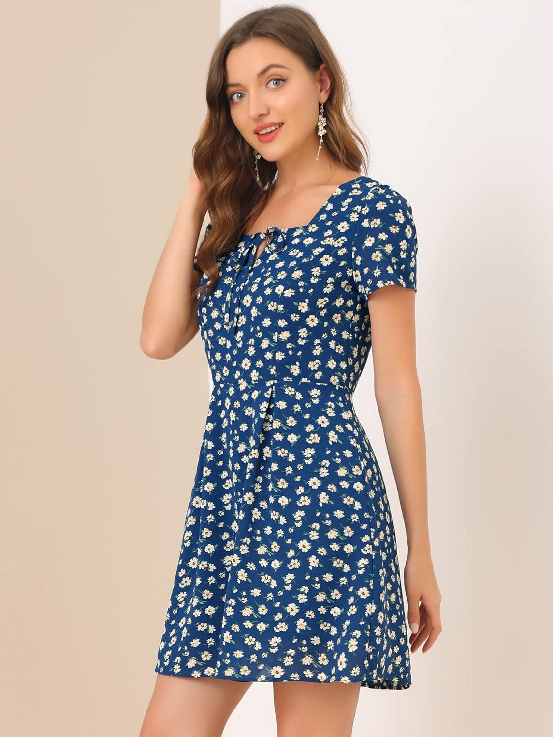 imageAllegra K Womens Printed Dress Summer 2025 Casual Square Neck Short Sleeve Fit and Flare DressesBluefloral