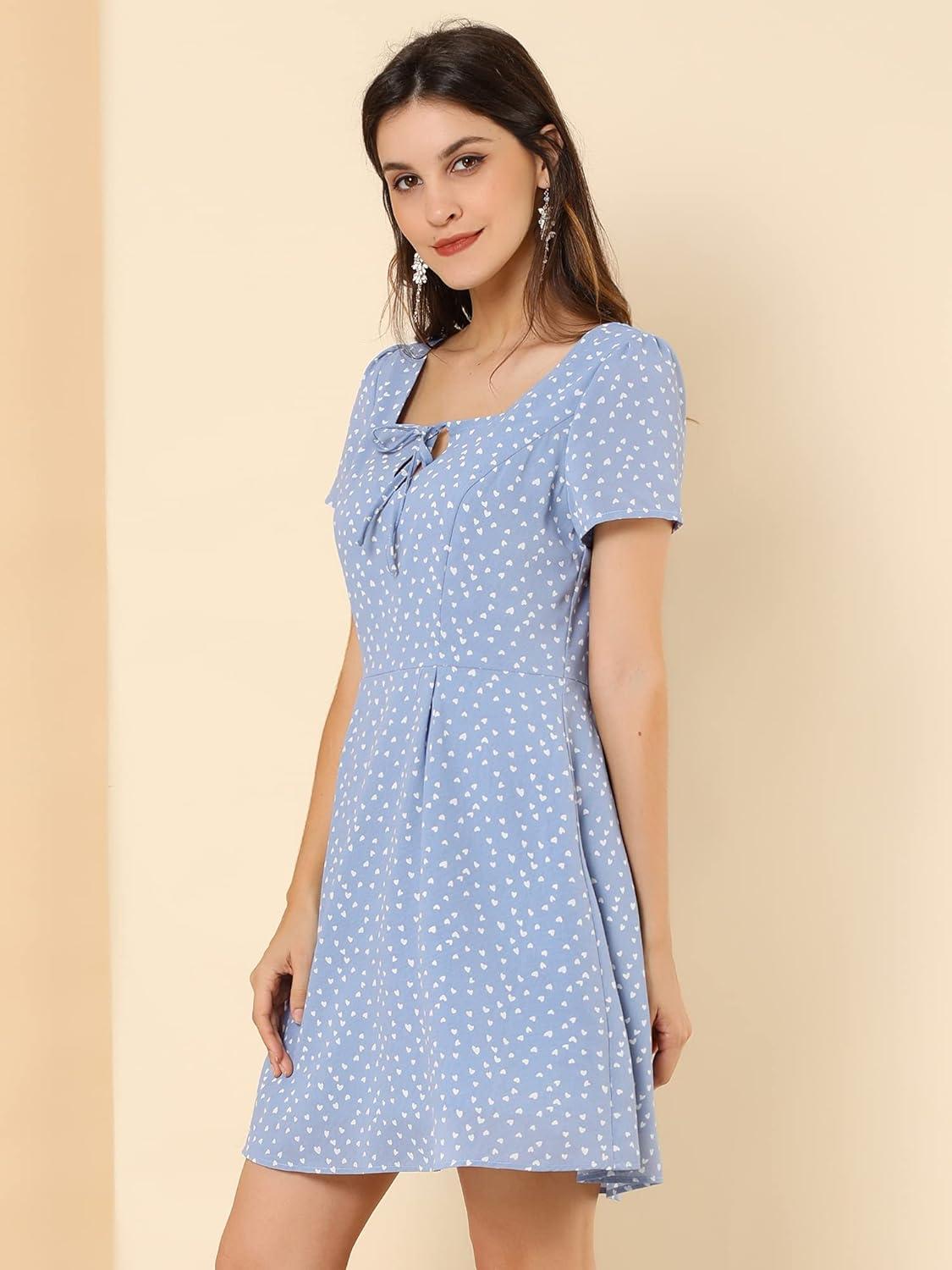 imageAllegra K Womens Printed Dress Summer 2025 Casual Square Neck Short Sleeve Fit and Flare DressesBlueheart
