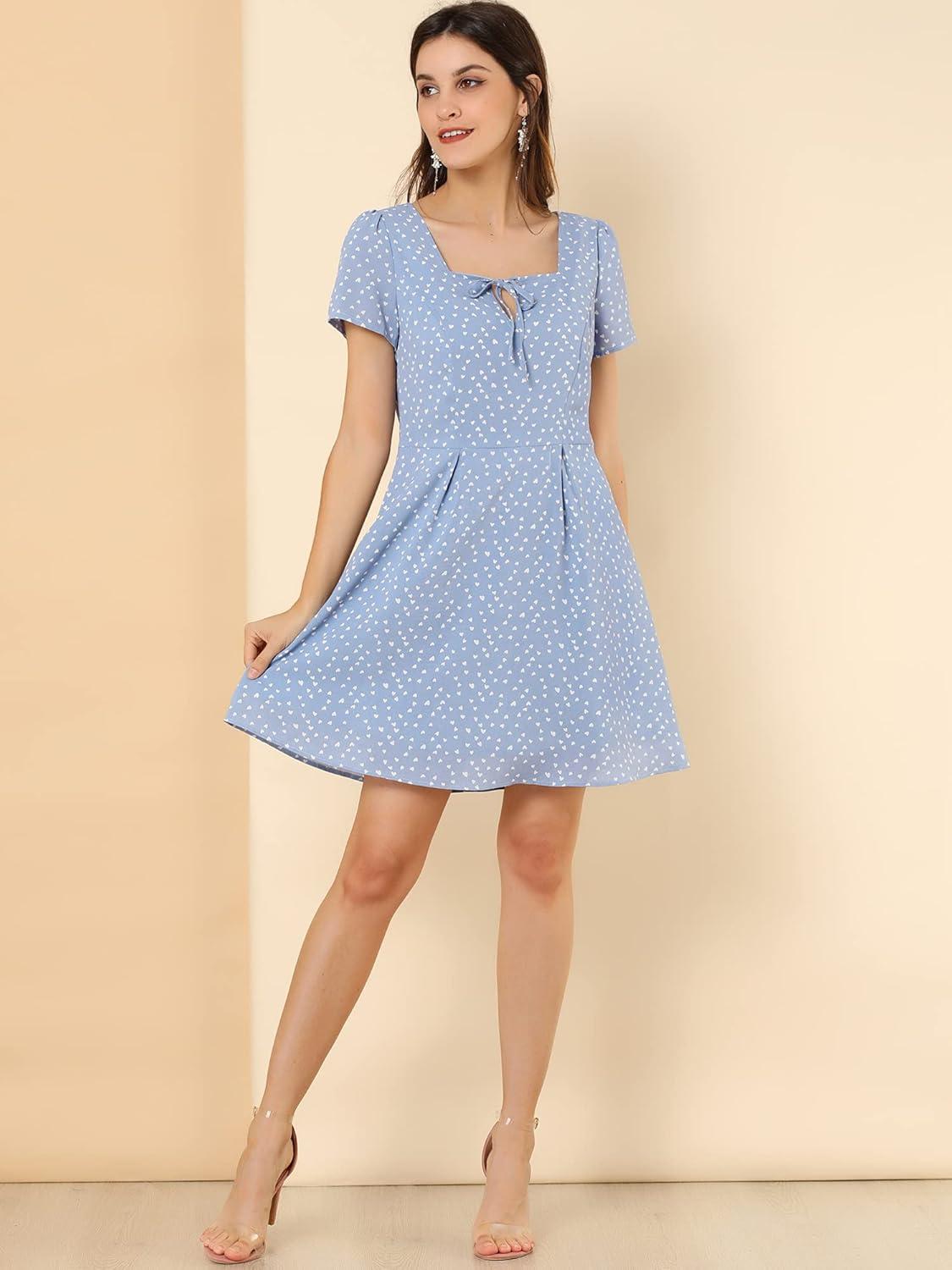 imageAllegra K Womens Printed Dress Summer 2025 Casual Square Neck Short Sleeve Fit and Flare DressesBlueheart
